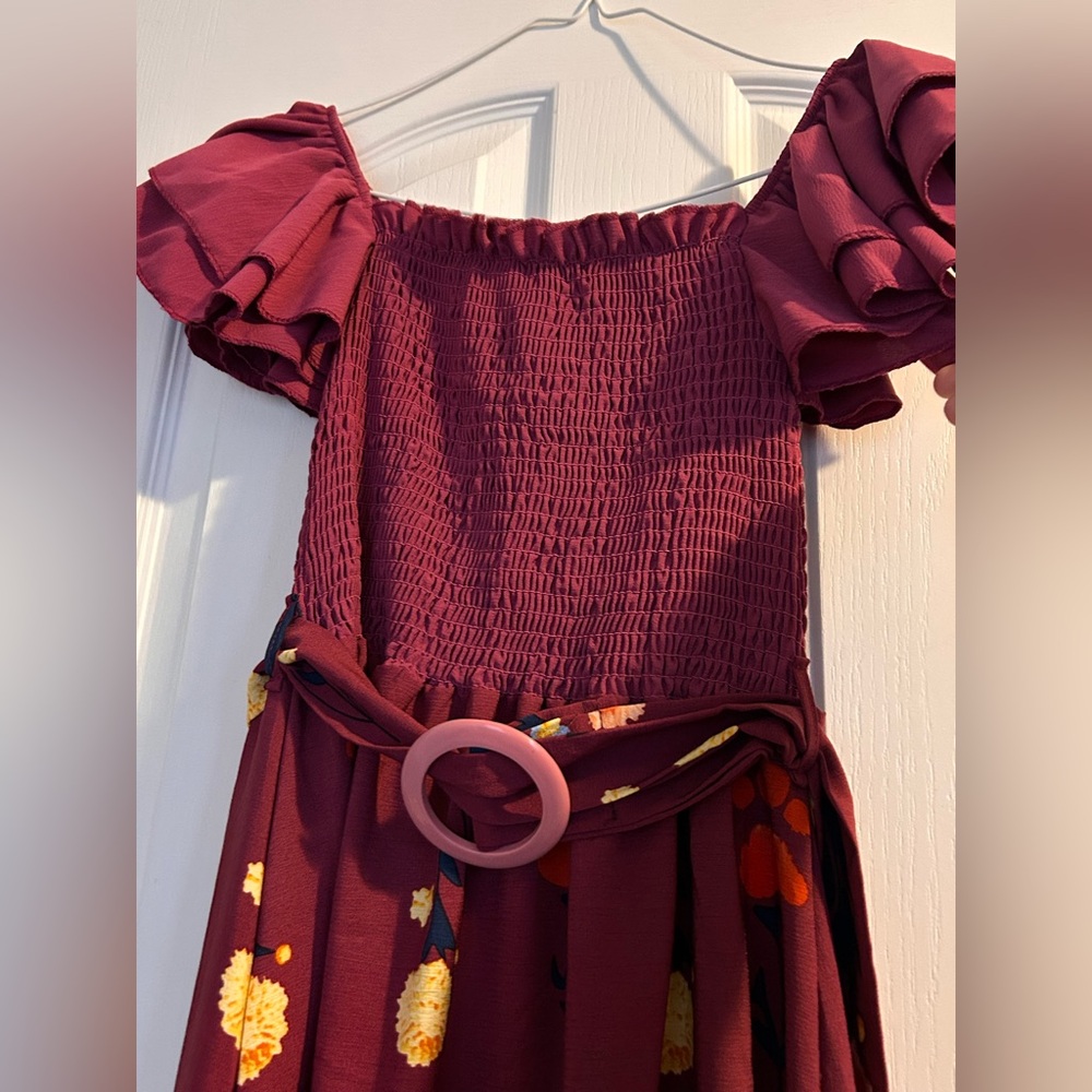 Girls' Burgundy Smocked Dress with Floral Accents